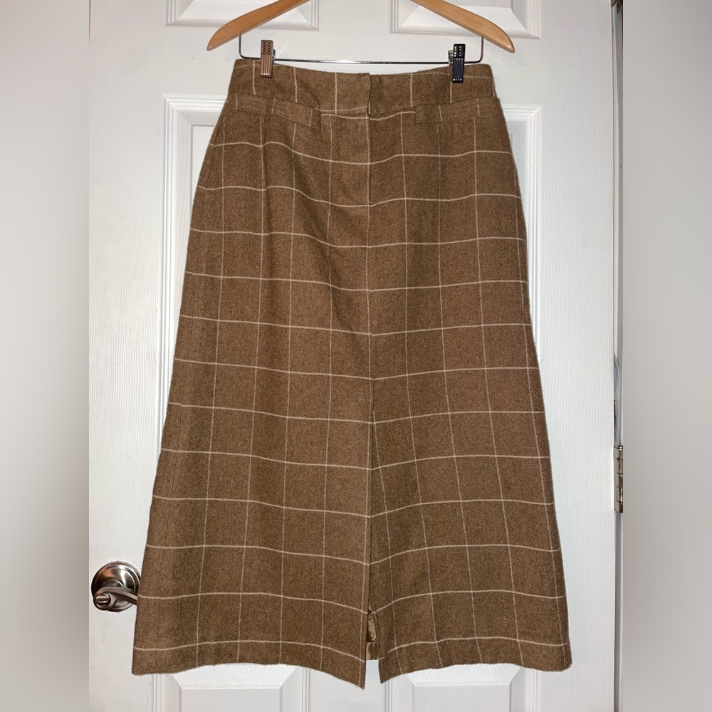 J.G Hooks Vintage Wool Windowpane Midi A-Line Skirt in Brown Size 8